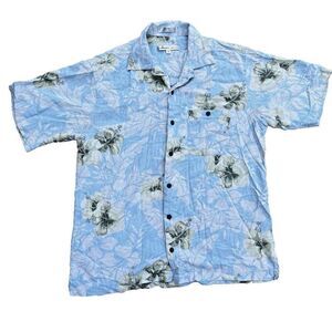 100% Silk Hawaiian Floral Mens Short Sleeve Button Front Size M Green